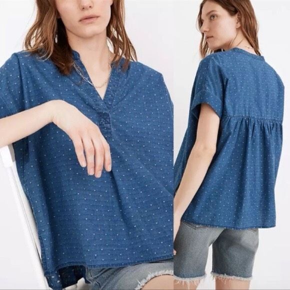✨MADEWELL LAKELINE SWISS DOT POPOVER SZ S SHIRT IN SWISS DOT INDIGO SWISSDOT✨ - Picture 2 of 7